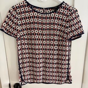J. Crew Pink and Navy Silk Geometric Blouse